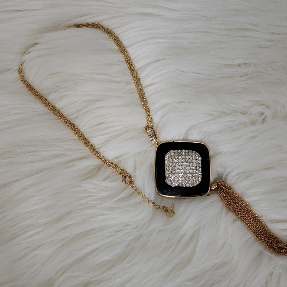 Leather & Pave Crystal  Necklace Tassel Statement Clear Glass 18K Gold - Picture 7 of 12